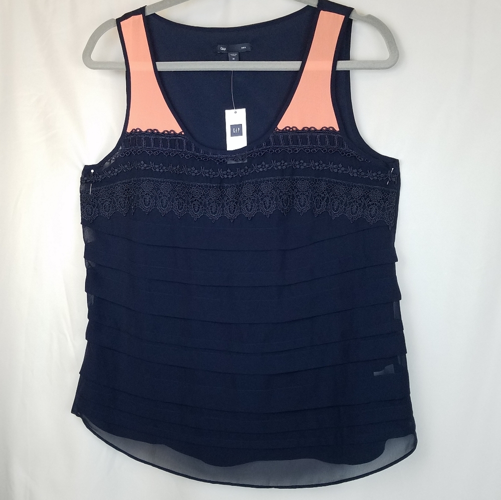 NWT GAP Sleeveless Top Tiered Ruffle Navy Blue Coral Pink Size M Lace Trim